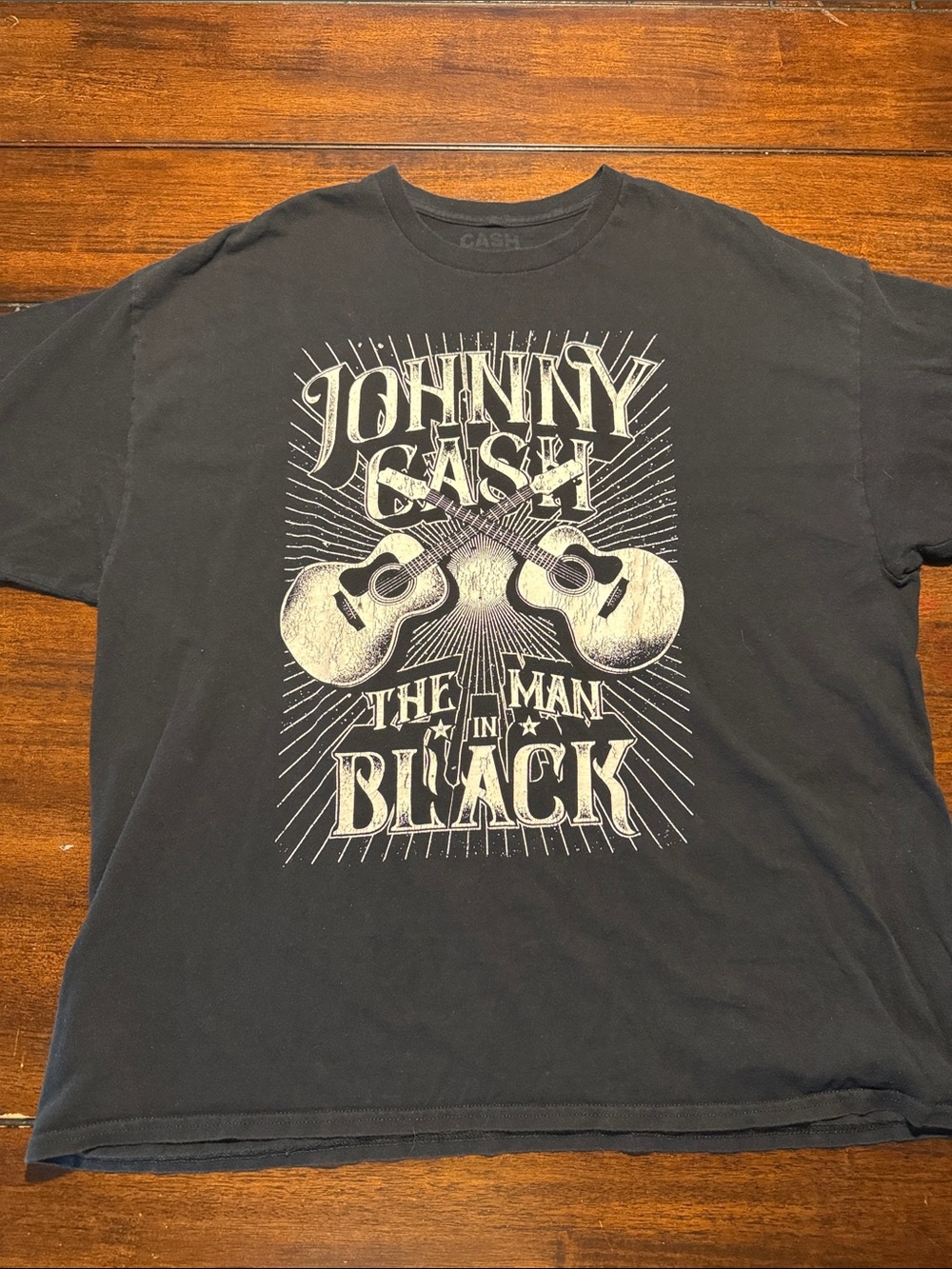 Black Johnny Cash Graphic Tee with Cream Guitar Artwork